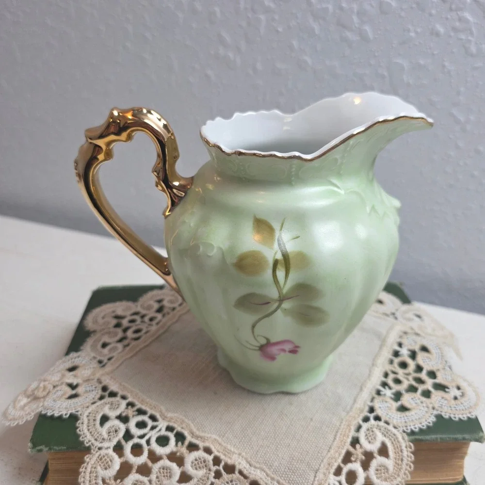 Vintage Lefton Hand‎ Painted Rose Porcelain Pitcher Green Gold Gilt Scallop Rim